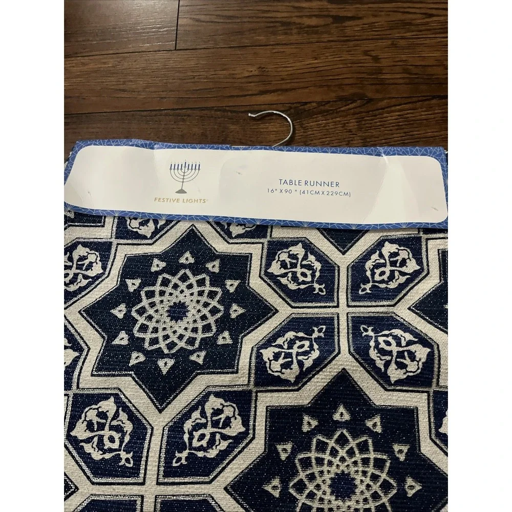 Festive Lights Table Runner Hanukkah Blue Silver Sparkle Tapestry 16